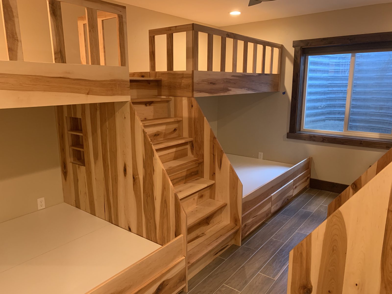 Wood bunk beds with built-in stair storage